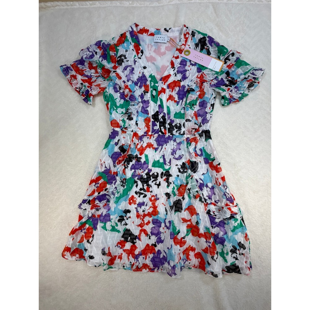Tanya Taylor Rhett Multi Floral Ruffle V-Neck Mini Dress Womens 2 New - Picture 15 of 15